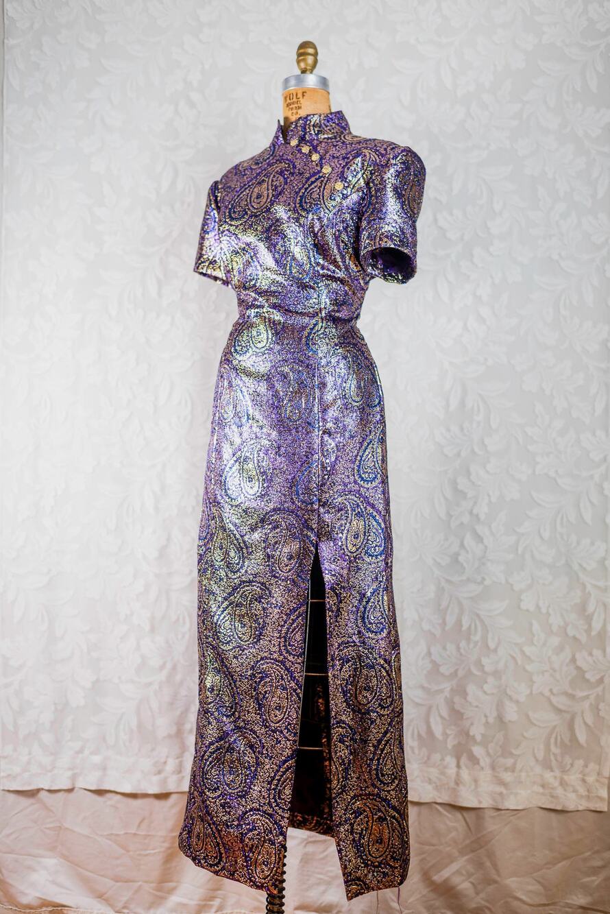 Vintage 1960s Purple Metallic Cheongsam Dress, Gold Lamé Paisley Gown, Med/LG